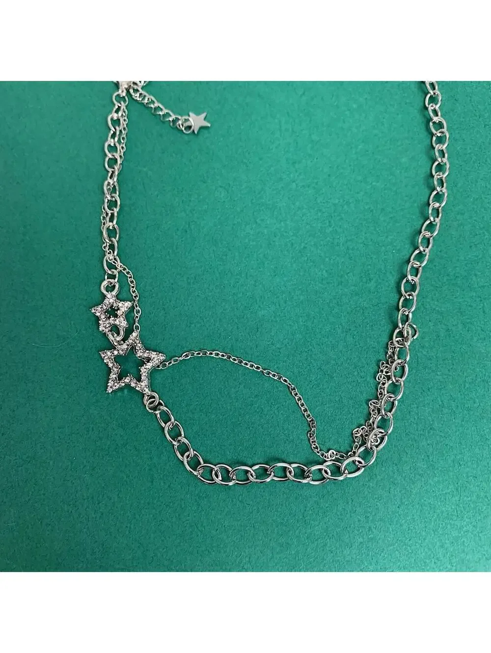 Y2k 2000s cyber rhinestone double star pendant layered chain necklace. Cool